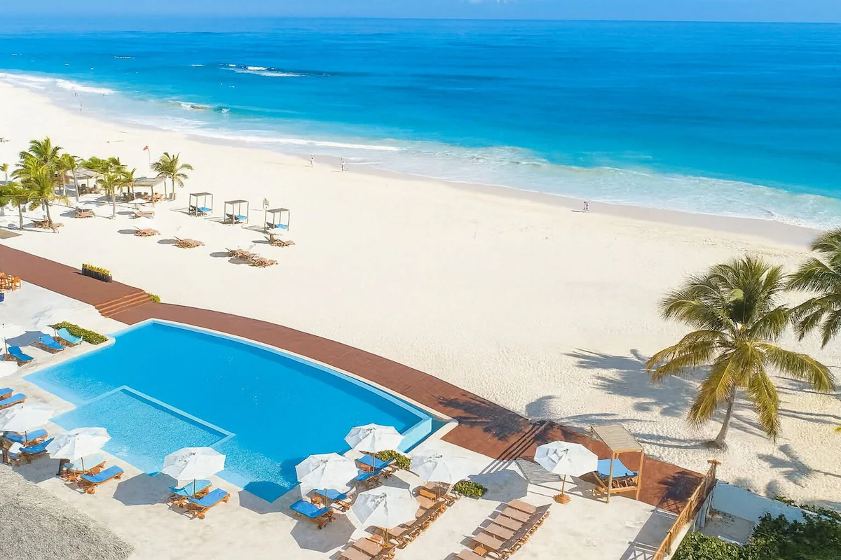Aerial view of the Cana Bay Beach Club pool and Caribbean beachfront